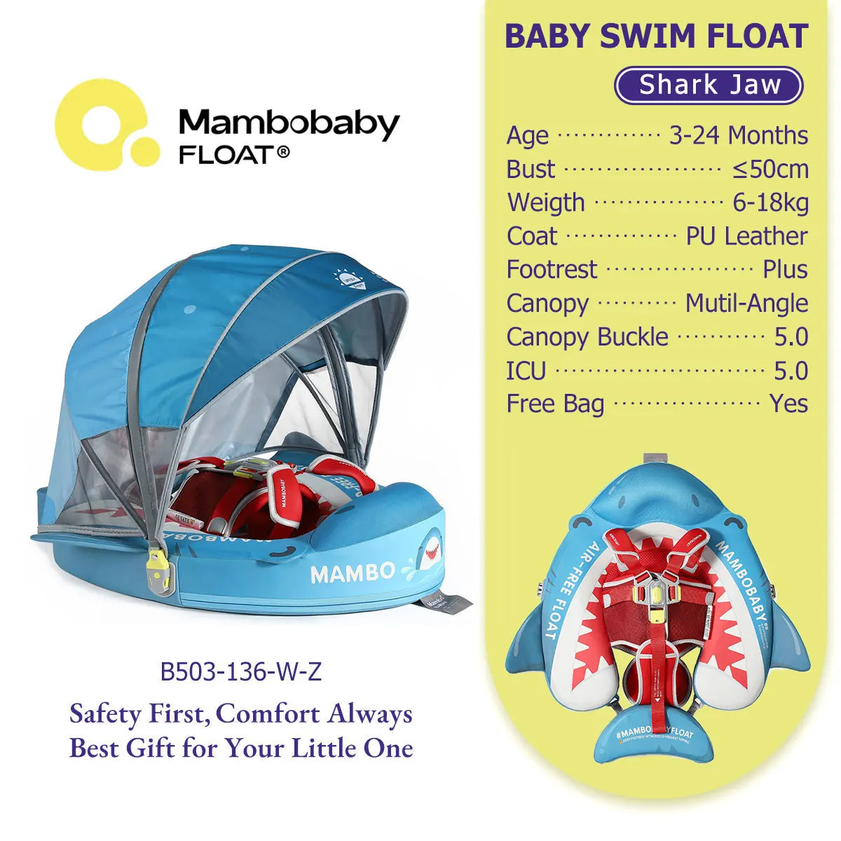 Mambobaby Float Cool 4-position Sunshade Safe Air-Free Core Baby Swimming Ring Toddler Pool Float Infant Swim Circle Water Ring